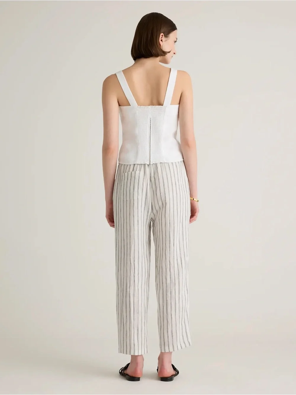 Quince 100% European Linen Pants Oatmeal Black Stripe Size Small